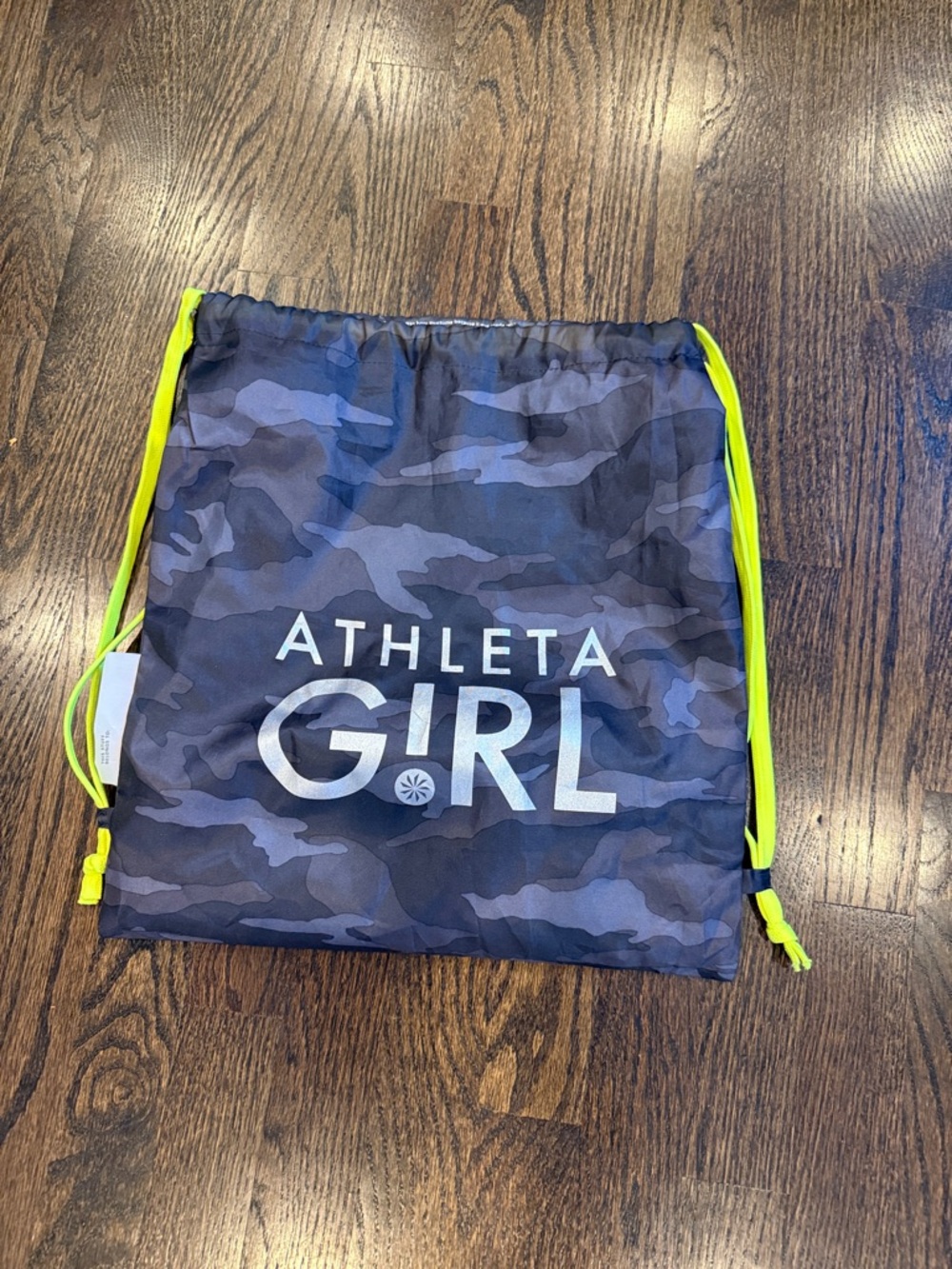 Athleta Girl Navy Camo Drawstring Bag with Neon Yellow Accents